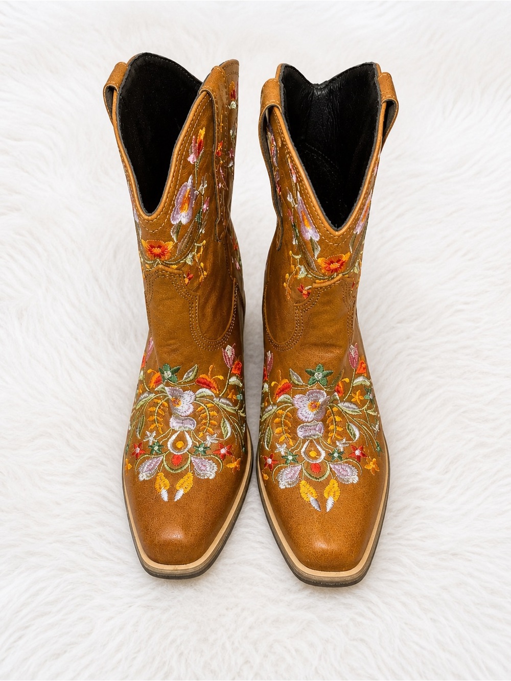 Embroidered Western Ankle Boots Size 6.5 (37) Brown Floral Cowboy Booties Boho - Picture 2 of 6